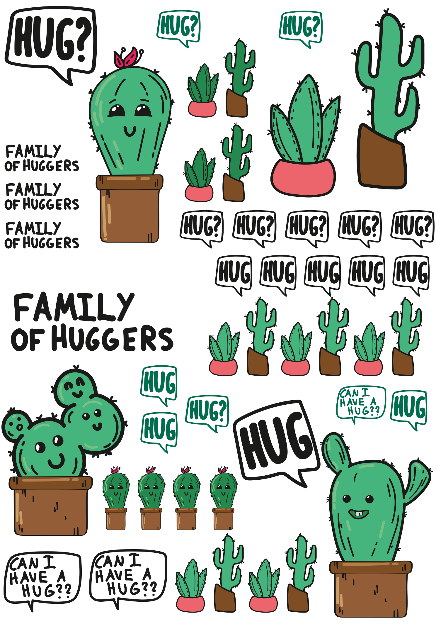 PRI00214 - Familie Rub-On Stickerbogen can i have a hug Kaktus