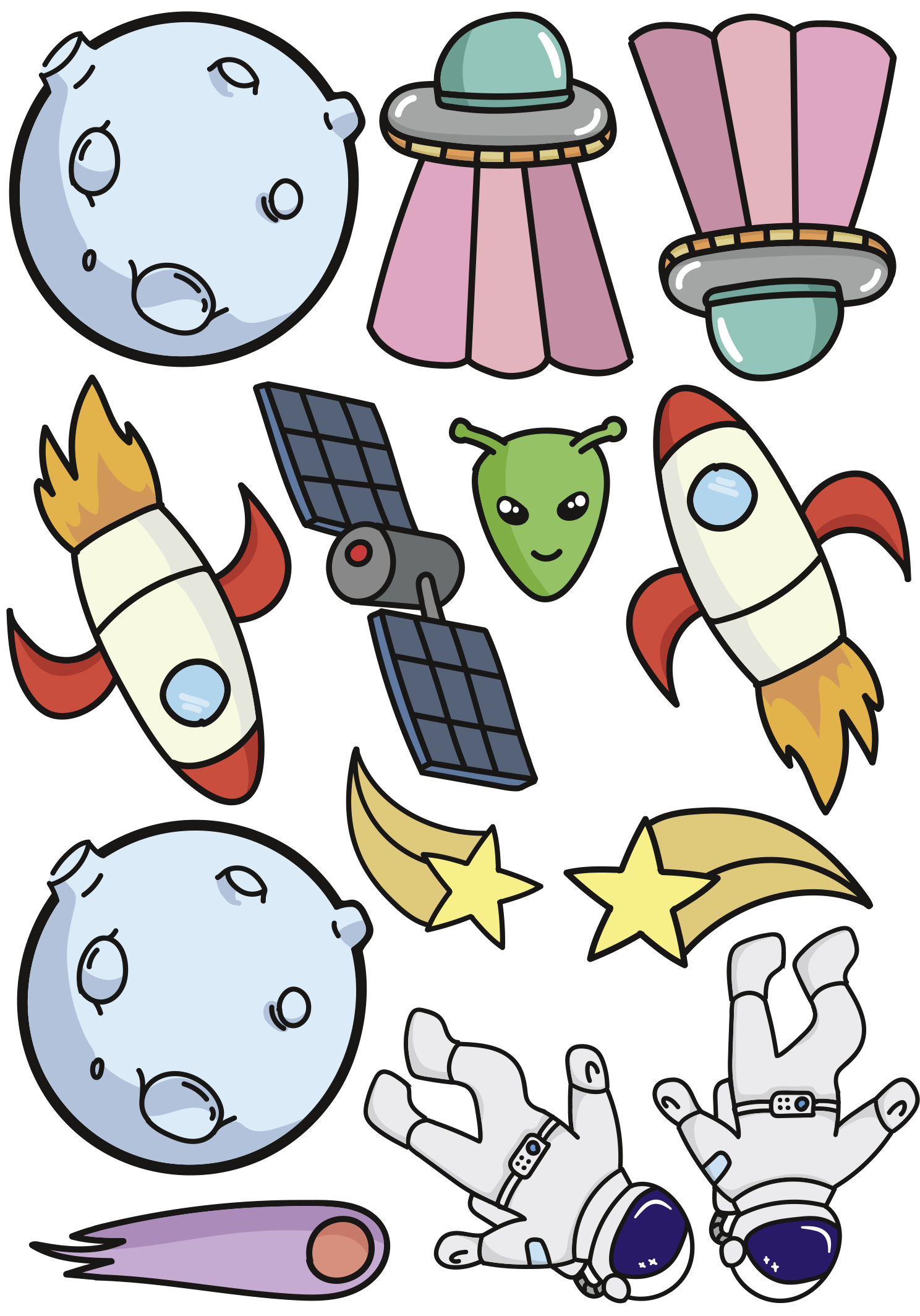 PRI00617 -  Comic Rub-On Stickerbogen Weltall Astronaut Aliens