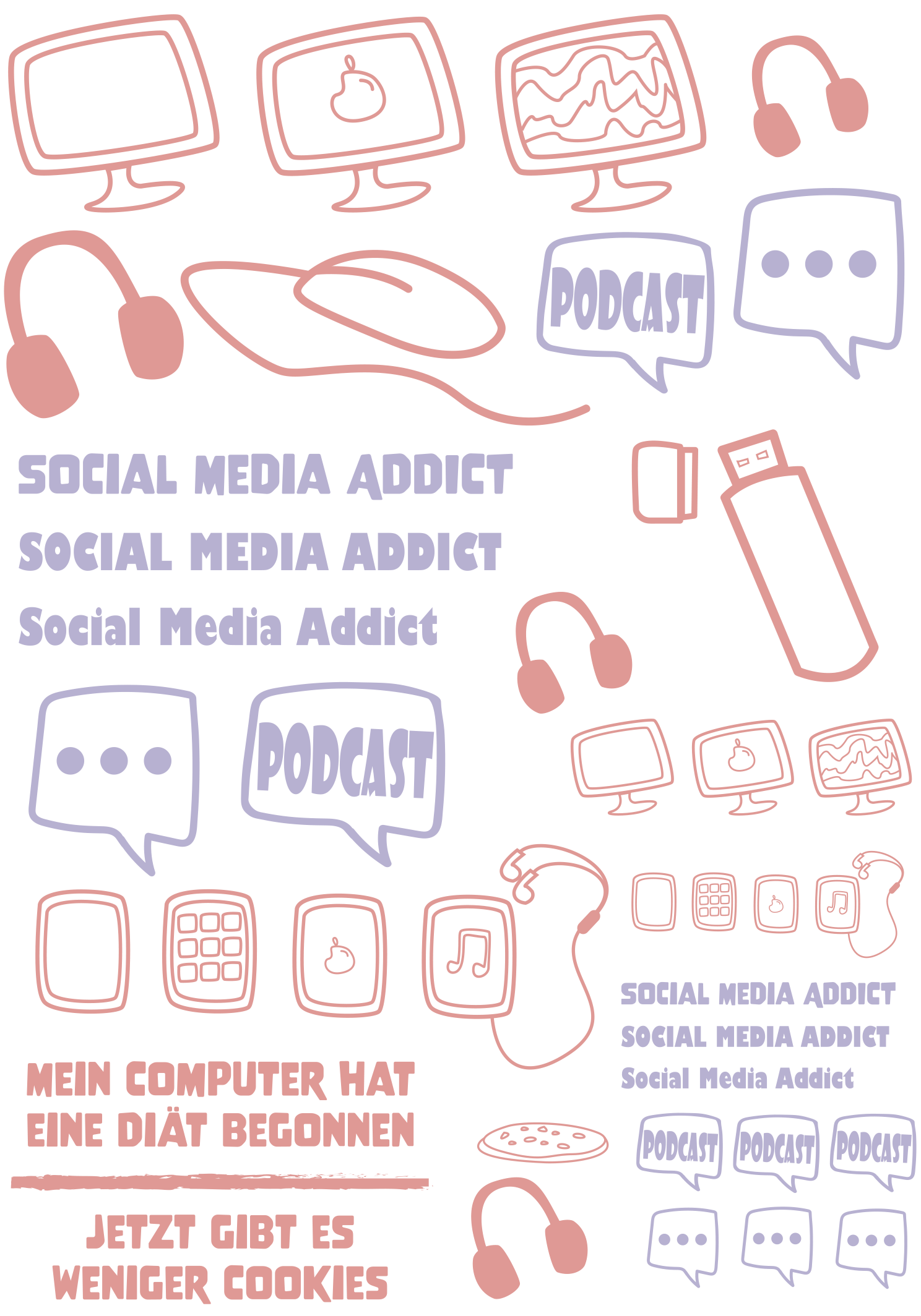 PRI00219 - Comic Rub-On Stickerbogen Social Media Addict Rose Violett
