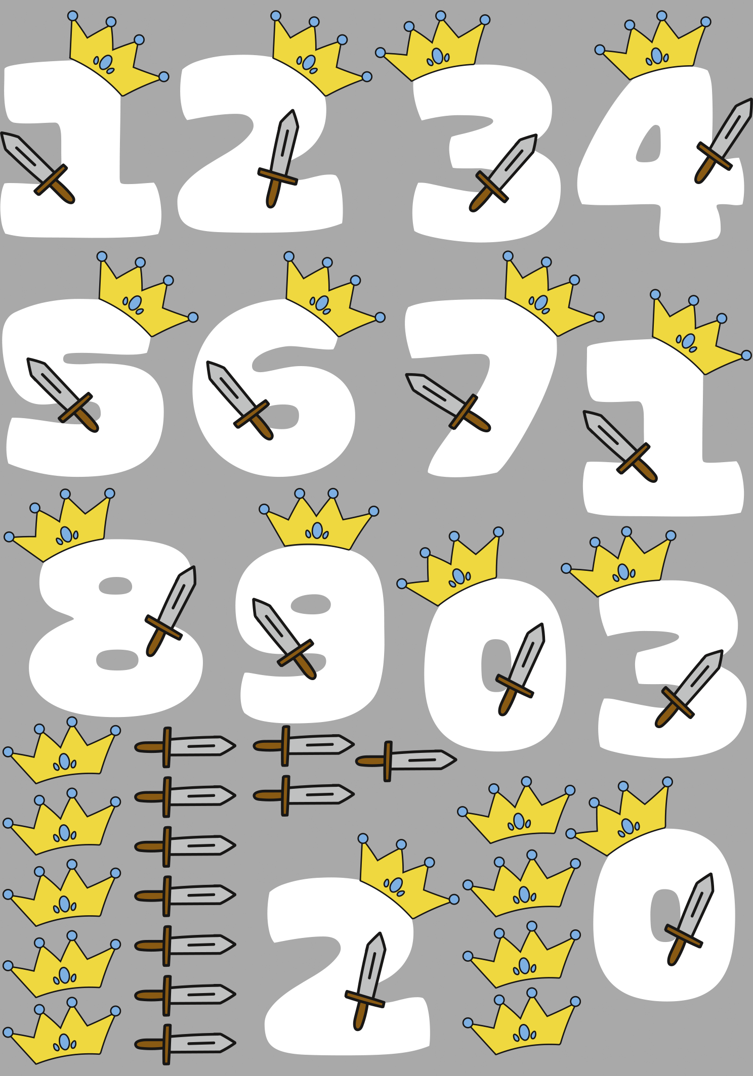 PRI00619 - Comic Rub-On Stickerbogen Nummern Ritter Schwerter