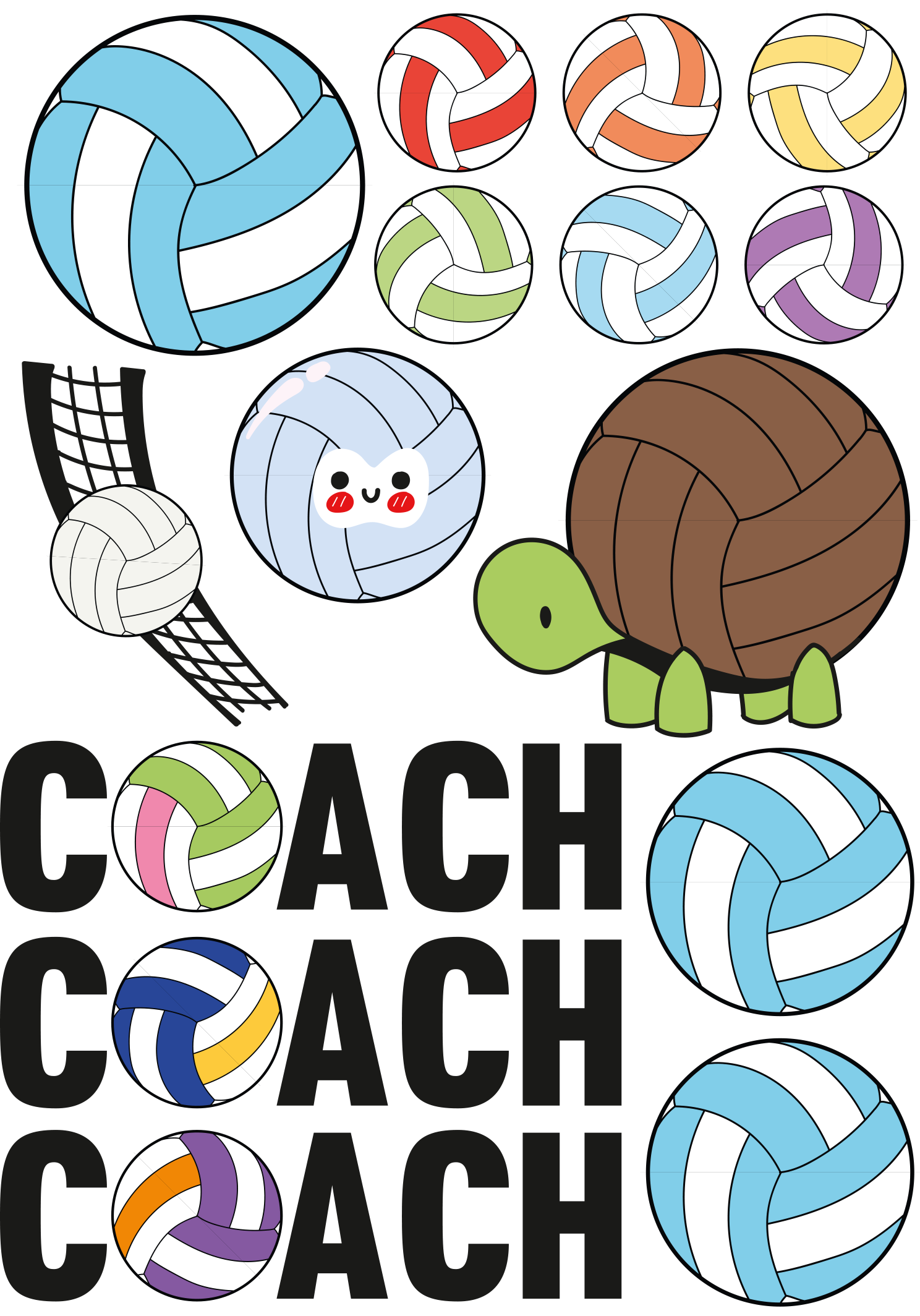 PRI00614 -  Sport Rub-On Stickerbogen volleyball coach schildkröte
